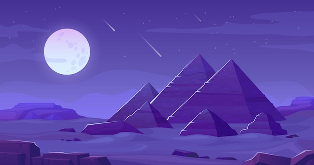 Pyramides nocturnes Pyramide égyptienne dans le désert de sable la nuit ciel étoiles Egypte ancienne Gizeh plateau paysage scène arabe voyage sahara fond ingénieux illustration vectorielle