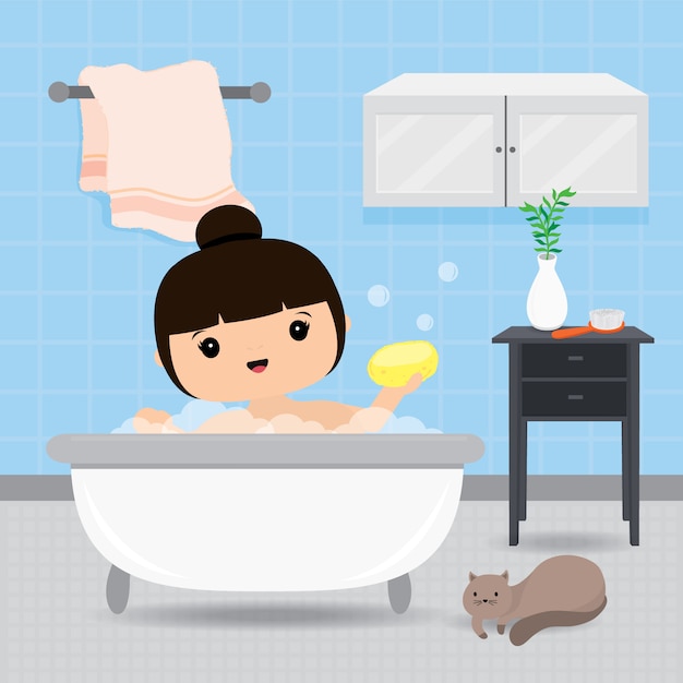 Quarantaine, concept de séjour à la maison. Travail à domicile, femme prendre une douche dans la baignoire, activité de routine le matin. Illustration de dessin animé de personnage