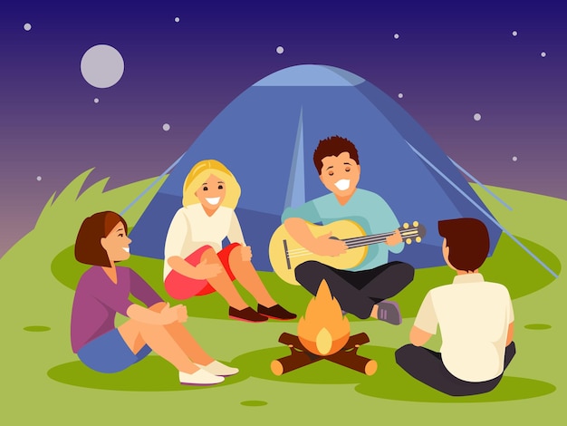 Quatre amis avec une guitare près du feu de camp Loisirs de plein air