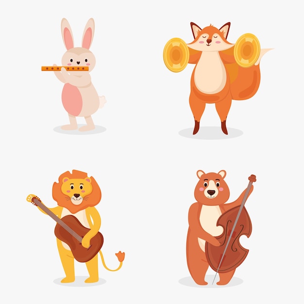 Quatre Animaux Mignons Jouant Des Personnages D'instruments