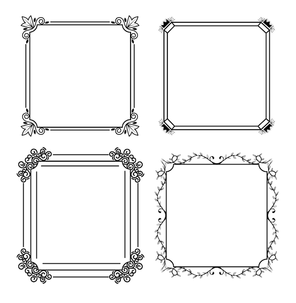 Quatre Cadres Monochromes Dans Le Style De Ligne De Fond Blanc