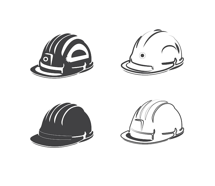 Vecteur quatre casques sur fond blanc, dont l'un dit "sécurité incendie"