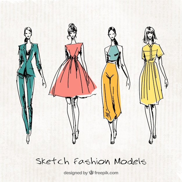 Quatre croquis mignon de modèles de mode