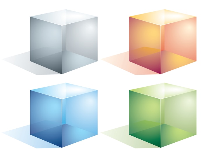 Vecteur quatre cubes transparents colorés isolés sur blanc