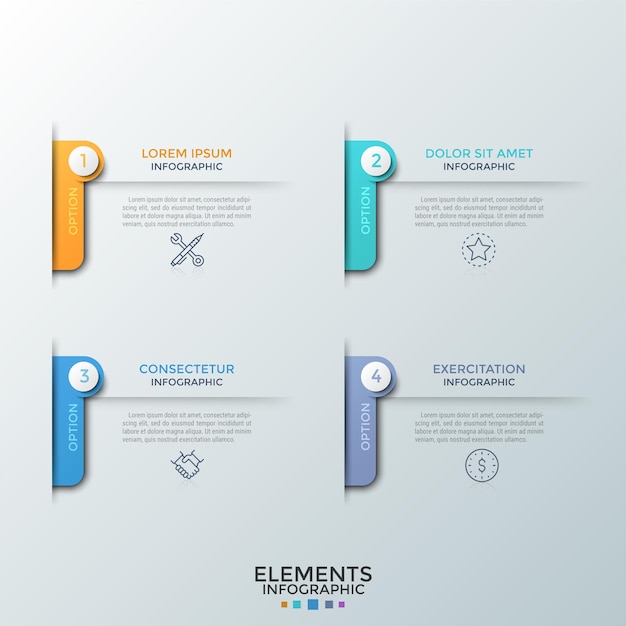 Quatre éléments numérotés avec des symboles de ligne fine, place pour le titre et le texte ou la description. Concept de 4 fonctionnalités de développement de projet de démarrage. Modèle de conception infographique. Illustration vectorielle.