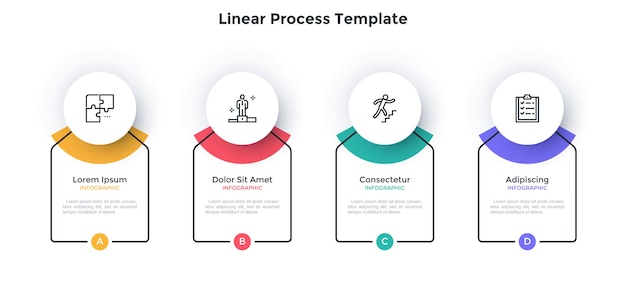 Quatre éléments Ronds Blancs En Papier Placés En Rangée Horizontale. Concept De 4 étapes Ou étapes De Stratégie Marketing. Modèle De Conception Infographique Plat. Illustration Vectorielle Minimale Pour La Présentation, Bannière.
