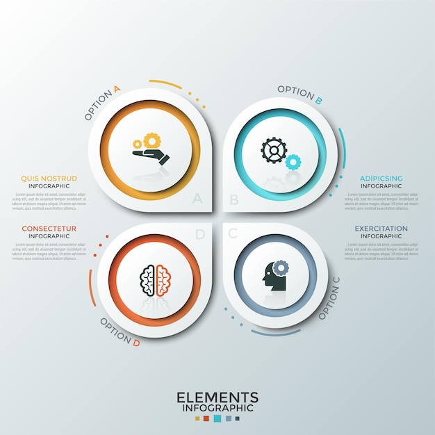 Quatre éléments Ronds Pointus Séparés En Papier Blanc Avec Des Pictogrammes Plats à L'intérieur Et Place Pour Le Texte. Concept D'analyse Swot Ou 4 Fonctionnalités Commerciales. Modèle De Conception Infographique.