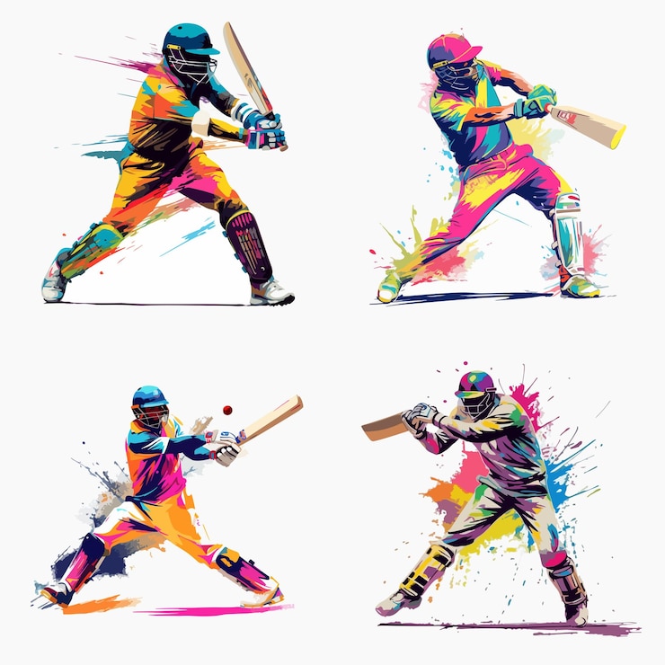 Vecteur quatre hommes jouent au cricket chacun avec un uniforme de couleur différente