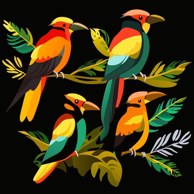 Quatre icônes d'oiseaux isolés dans l'art vectoriel