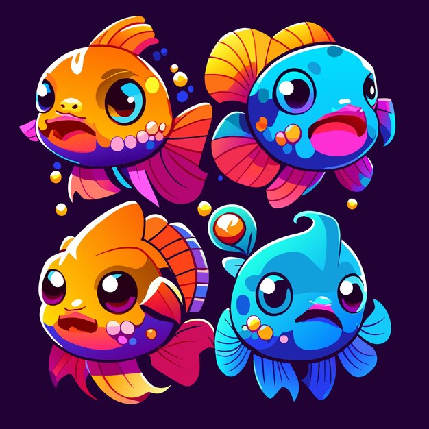 Vecteur quatre icônes de personnages de jeu de poisson dans un style plat