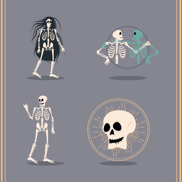 Quatre illustrations de squelettes plats