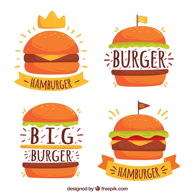 Vecteur quatre logos de burger en style dessiné à la main