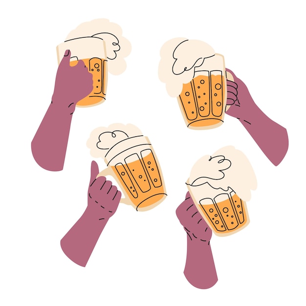 Quatre mains humaines avec de grandes tasses de bière mousseuse sont étendues pour un toast célébrant des vacances relaxantes le week-end avec des amis au pub illustration vectorielle isolée sur fond blanc