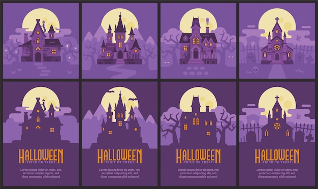 Vecteur quatre maisons d'halloween et des dépliants. sorcière, château des vampires, maison hantée et chapelle du cimetière