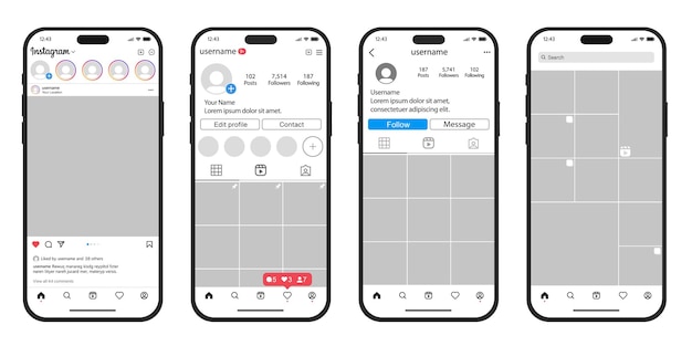 Quatre mises en page d'écran Instagram présentant le profil de poste et les fonctions de recherche de l'application de médias sociaux