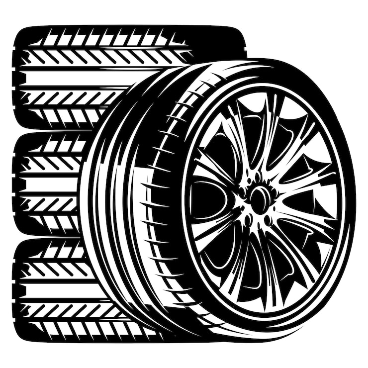 Vecteur quatre pneus en caoutchouc d'automobile avec disques illustration monochrome vectorielle modèle de conception