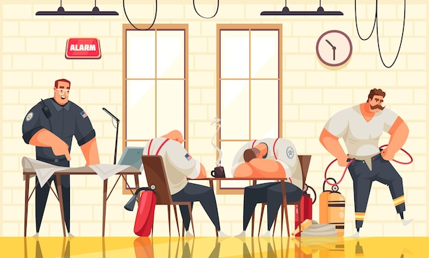 Quatre Pompiers Masculins Se Reposant à L'illustration De Dessin Animé De Caserne De Pompiers