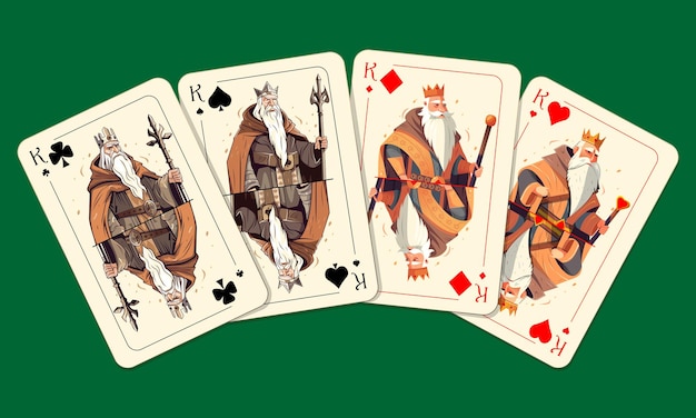 Quatre rois de costumes différents sur une table de jeu verte Conception originale de cartes à jouer Illustration vectorielle