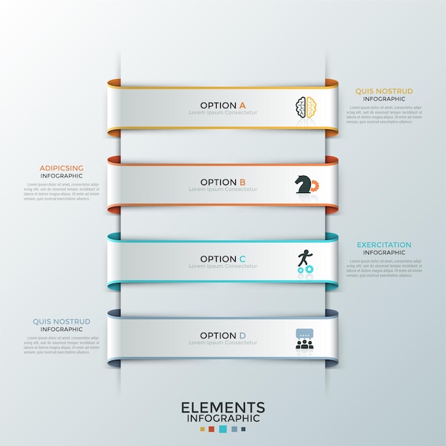 Vecteur quatre rubans blancs en papier avec des symboles plats à l'intérieur placés l'un en dessous de l'autre et des zones de texte. concept de liste avec 4 options commerciales. modèle de conception infographique créatif. illustration vectorielle pour rapport.