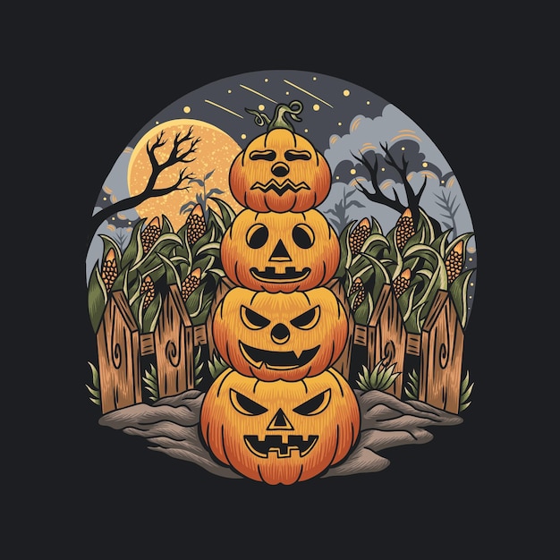 Quatre Tas De Citrouilles D'expression Dans Un Champ De Maïs à L'halloween