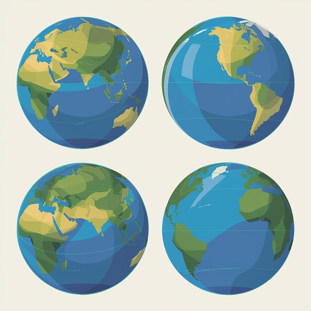 Vecteur quatre vues différentes de la terre présentées comme des objets sphériques