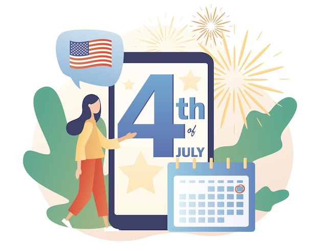 Quatrième De Juillet Joyeux Texte Du 4 Juillet Sur L'écran Du Smartphone Une Petite Femme Célèbre Les états-unis