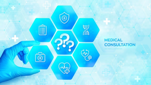 Questions médicales Consultation en ligne Support médical FAQ Points d'interrogation La main dans le gant bleu place un élément dans une composition avec des icônes médicales visualisant les problèmes médicaux Illustration vectorielle
