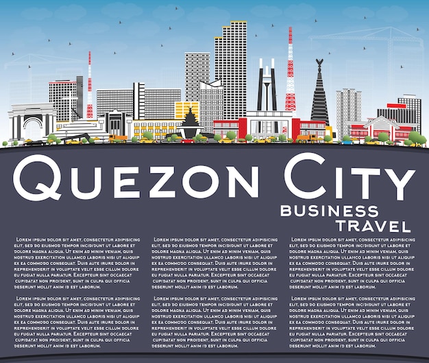 Vecteur quezon city philippines skyline avec bâtiments gris, ciel bleu et espace de copie. illustration vectorielle. voyage d'affaires et tourisme illustration avec l'architecture moderne.