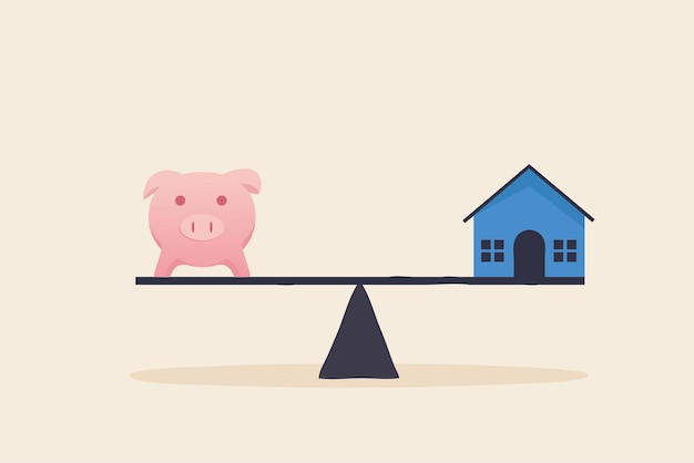 Équilibrer les coûts de logement L'échelle équilibre la tirelire contre la maison