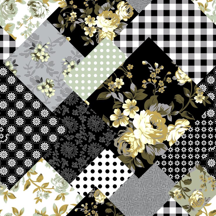 Vecteur un quilt patchwork avec des carrés noirs et blancs et des fleurs jaunes.