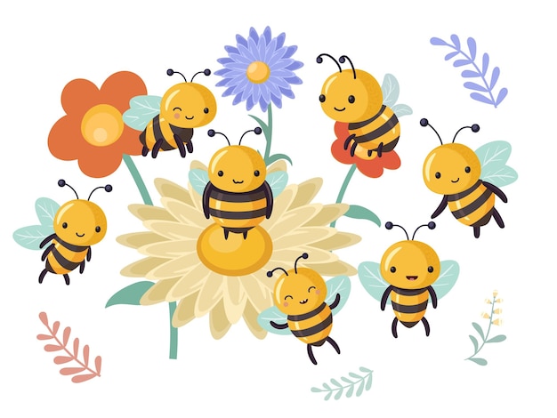 Équipe d'abeilles mignonnes de dessin animé drôle sur le fond de l'illustration pour enfants de fleurs