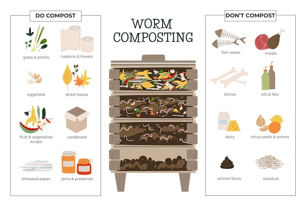 Vecteur quoi composter ou ne pas composter pas de gaspillage de nourritureinfographie d'un composteur de jardin avec des restes