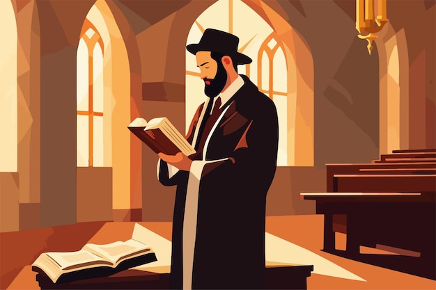 Vecteur un rabbin juif hasside dans la synagogue lit la torah illustration vectorielle concept de fêtes juives