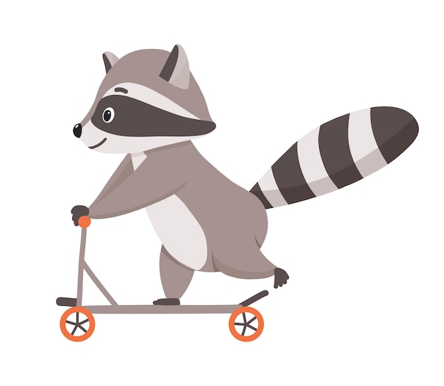 Un raccoon de dessin animé mignon et drôle sur un scooter Illustration vectorielle d'un petit raccoon isolé sur blanc