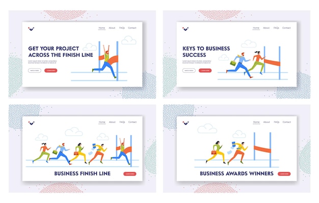 Race Challenge Landing Page Template Set Business People Characters Run Suite Businessman Crossing Finish Line