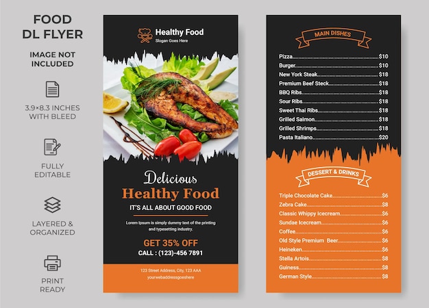 Vecteur rack card food dl flyer template menu alimentaire