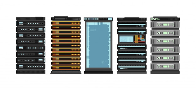 Vecteur racks de serveurs plats modernes. serveurs informatiques pour la salle des serveurs. ensemble de vecteur isolé