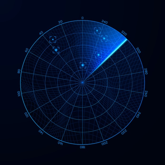 Radar en recherche. Illustration de blip du système de recherche militaire. Cible sur blip. Interface de navigation bleue. Vecteur
