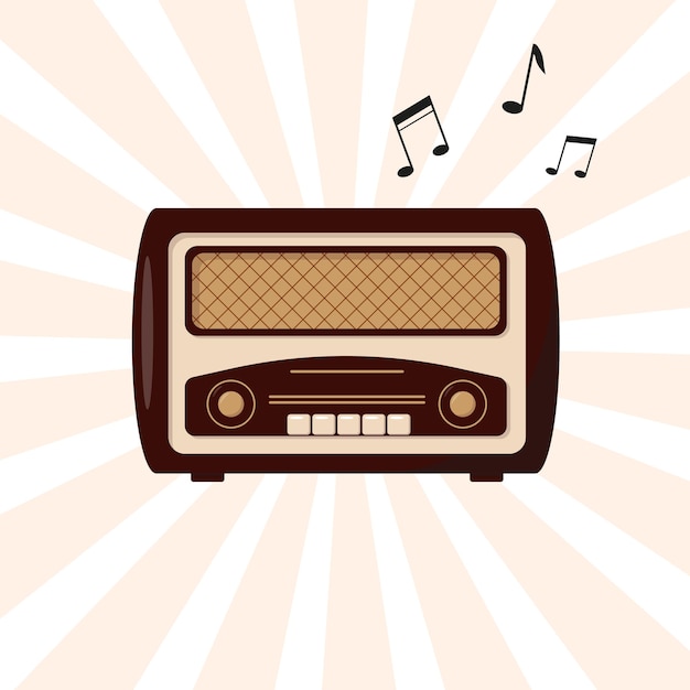 Radio rétro. Radio vintage et notes de musique volantes.