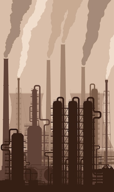 Raffinerie De Pétrole Ou Silhouette D'usine Chimique Avec Cheminées Fumantes