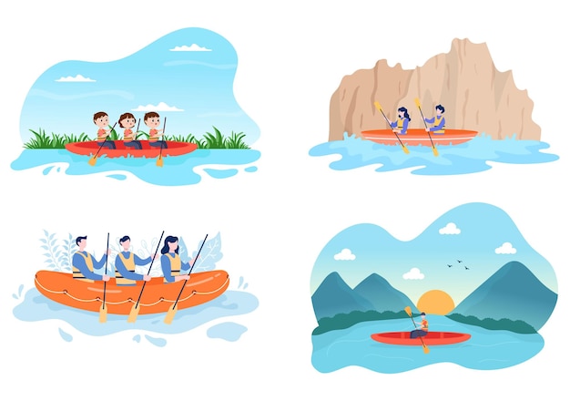 Rafting, canoë, kayak dans l'illustration vectorielle de la rivière