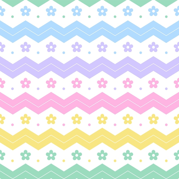 Rainbow Pastel Flower Horizontal Zig Zag Line Stripe Dot Dash Line Circle Seamless Pattern Vector