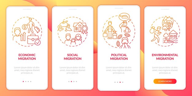 Raisons de la migration dégradé rouge écran d'intégration de l'application mobile Procédure pas à pas 4 étapes pages d'instructions graphiques avec des concepts linéaires UI UX modèle d'interface graphique Myriad ProBold polices régulières utilisées