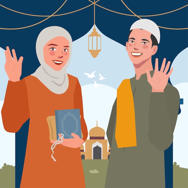 Ramadan Eid Mubarak Homme Femme Allant à La Mosquée Salutations Illustration