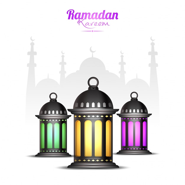 Ramadan Fond Kareem Avec Trois Lanternes Colorées