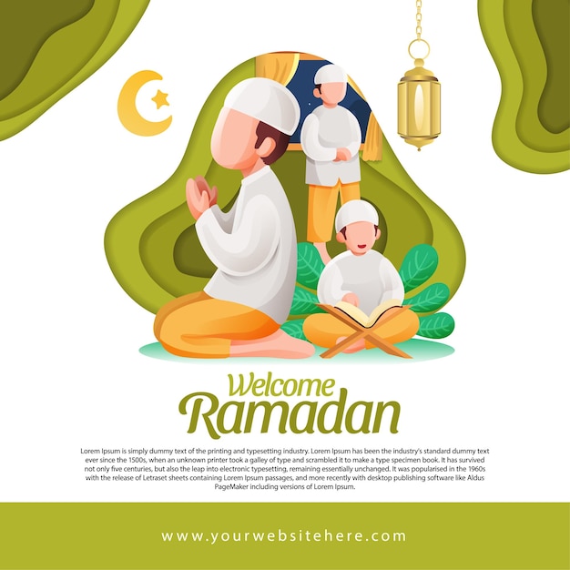 Vecteur ramadan greeting square modèle de publication sur les médias sociaux avec un homme musulman priant et lisant l'illustration du coran