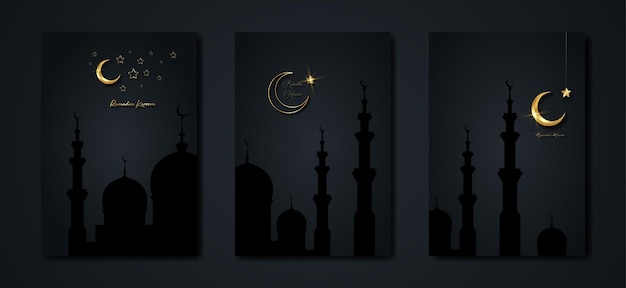Ramadan Kareem 2023 vector set carte de voeux demi-lune or sur fond noir