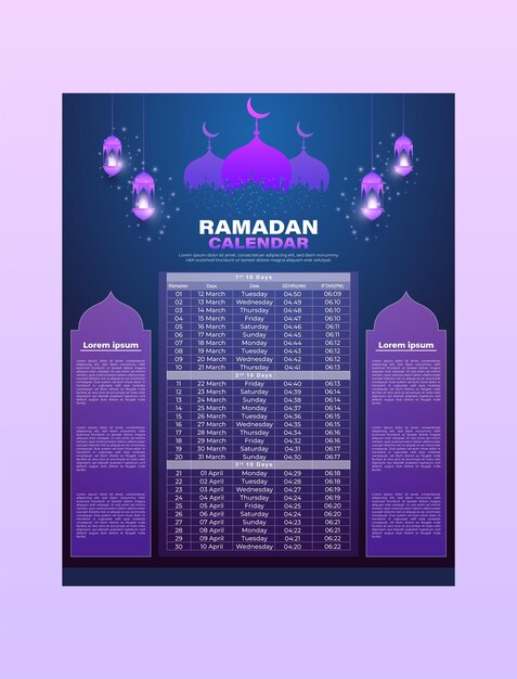 Vecteur ramadan kareem 2024 modèle de calendrier islamique et horaire de sehri ifter