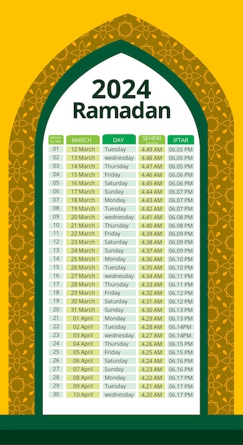 Vecteur ramadan kareem calendrier du temps imsakia l'horaire du ramadan pour les heures de prière dans le planificateur du ramadan