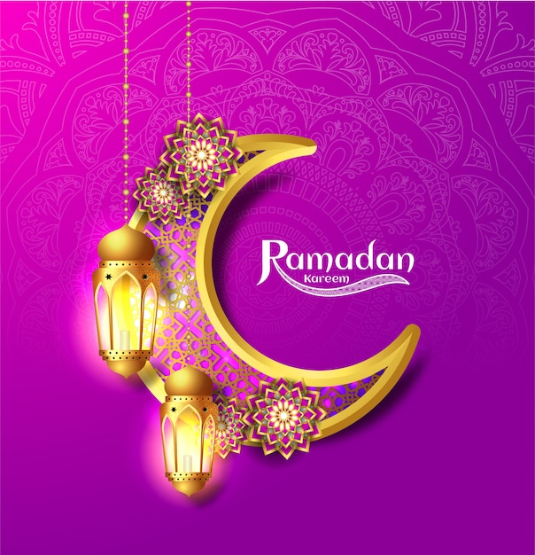 Vecteur ramadan kareem calligraphie arabe. conception islamique avec lune d'or